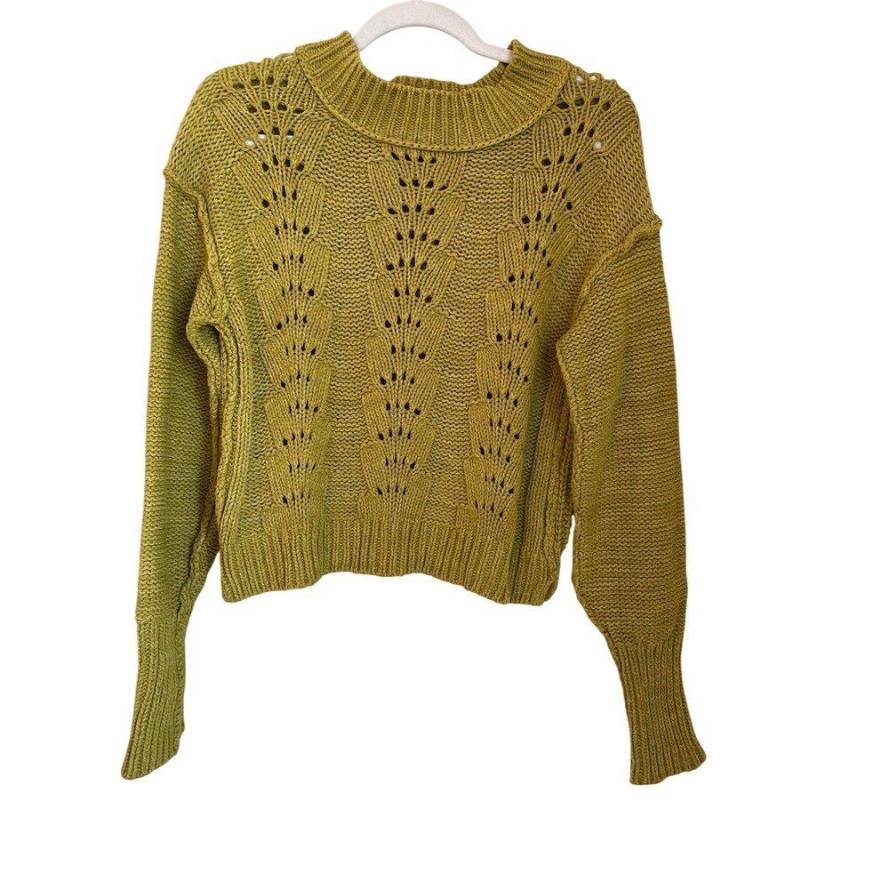 Free People Bell Song Beachy Pullover Sweater Green XS Pointelle Chunky Knit